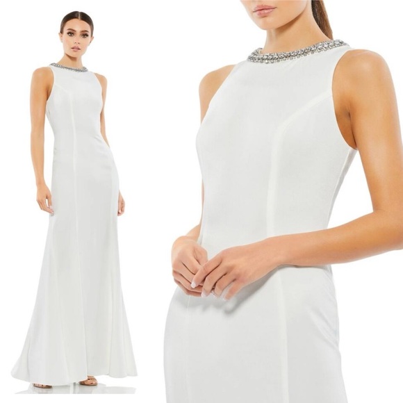 IEENA FOR MAC DUGGAL 49093 Embellished Rhinestone Neck Trumpet Gown White 2 NEW - Picture 1 of 11